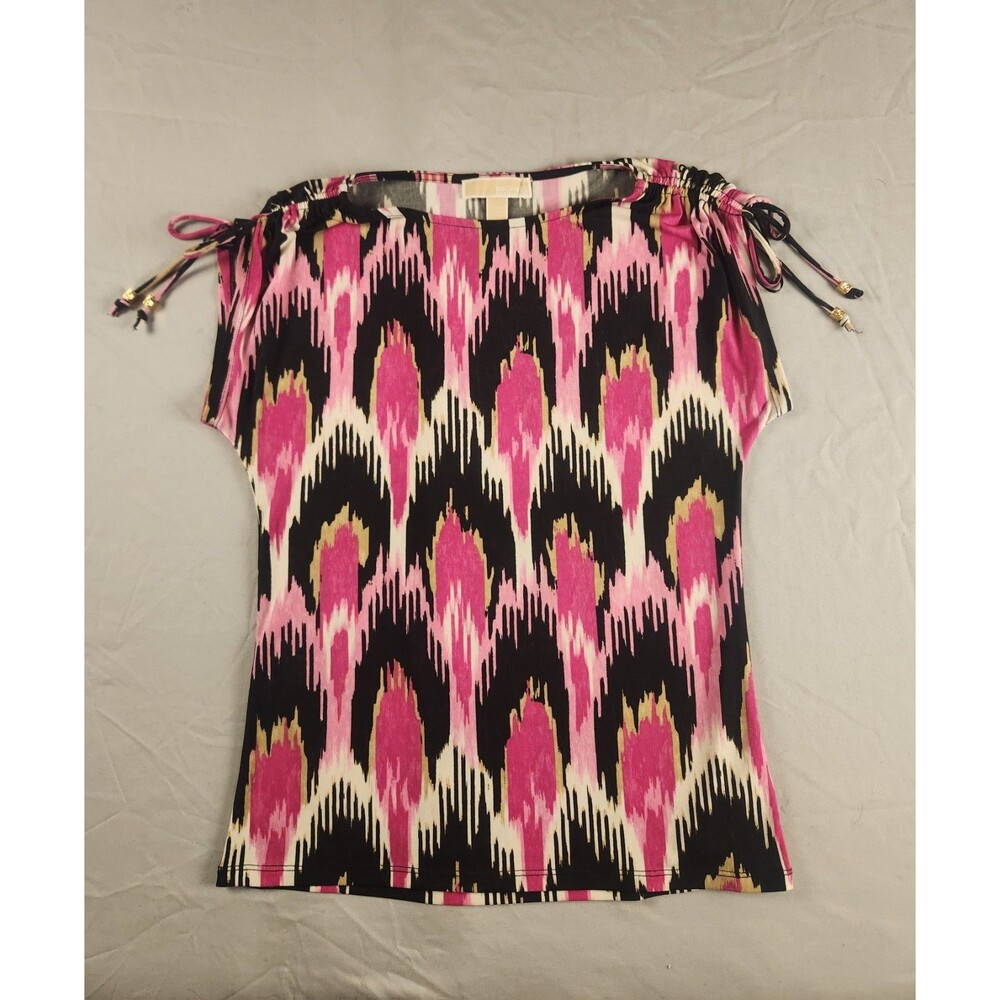 Michael Kors Women's M blouse Top hot pink & Black blouse Cinch Up Short Sleeve
